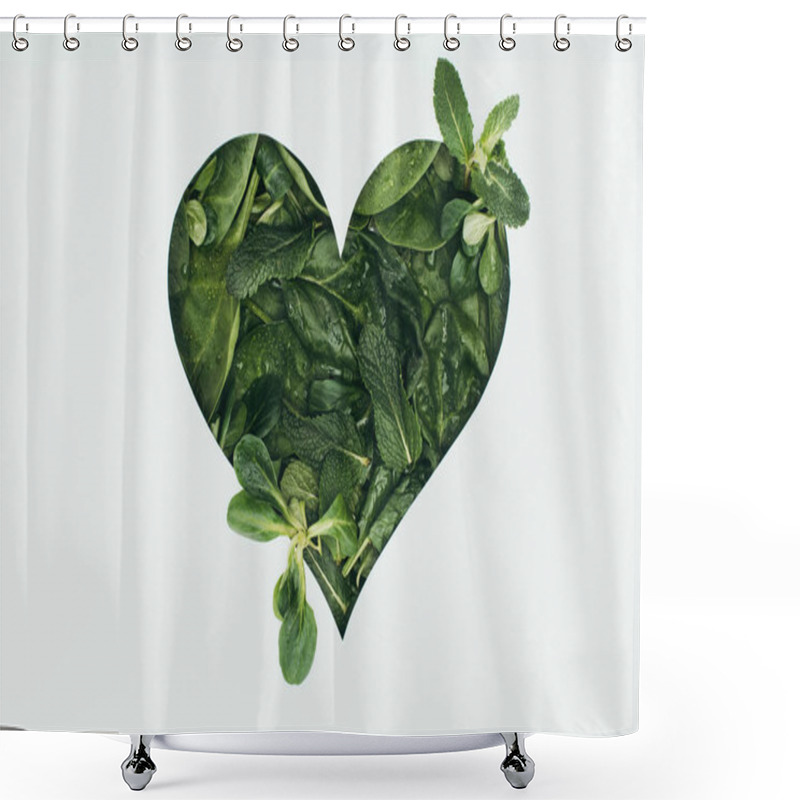 Personality  Beautiful Heart Symbol Made Of Fresh Green Leaves With Dew Drops Shower Curtains