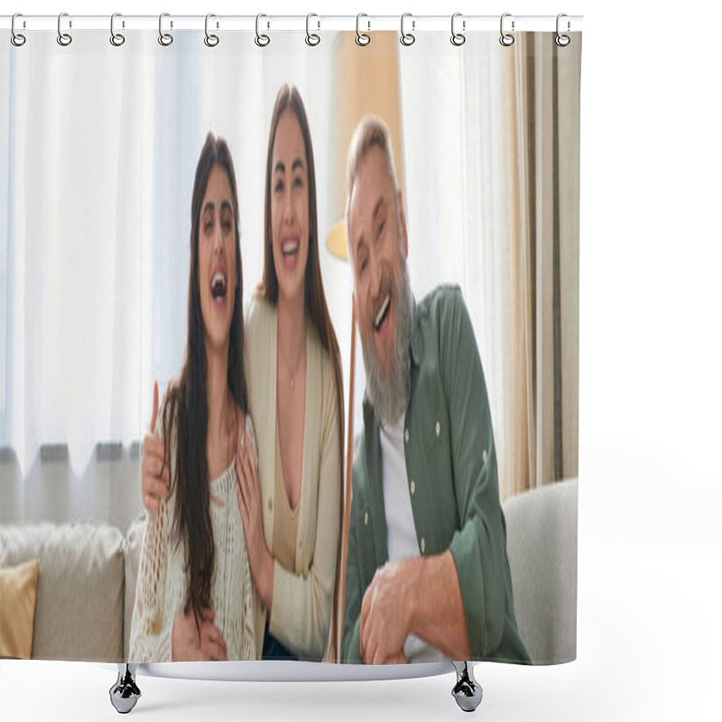 Personality  Happy Lgbt Couple And Father Of One Of Them Laughing And Smiling At Camera, Ivf Concept, Banner Shower Curtains