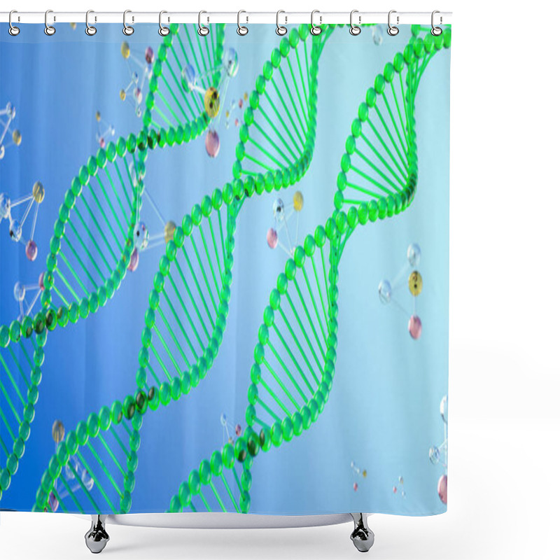 Personality  DNA Strands, Double Helix, Green, Molecular Biology, Genetic Structure, Medical Research, Genome Mapping, Chromosomes, Nucleotides, Scientific Diagram, Educational, Futuristic Science. 3D Render. Shower Curtains