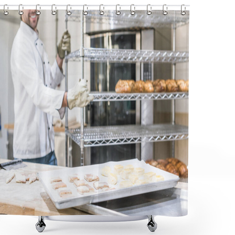 Personality  Smiling Male Baker In White Chefs Uniform Working At Kitchen Shower Curtains