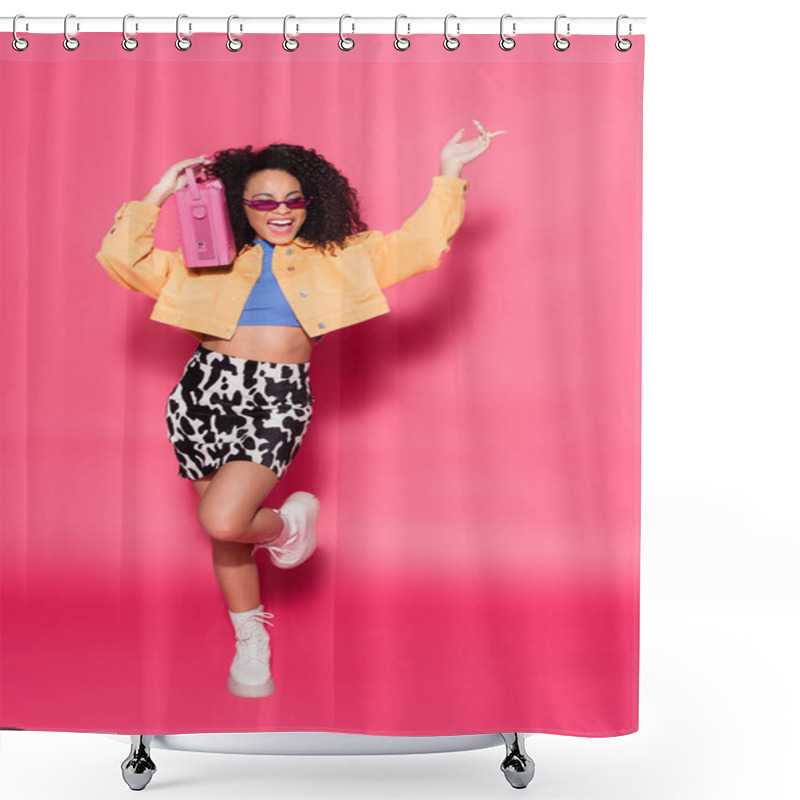 Personality  Full Length Of Happy African American Woman In Sunglasses Holding Boombox And Posing On Pink  Shower Curtains