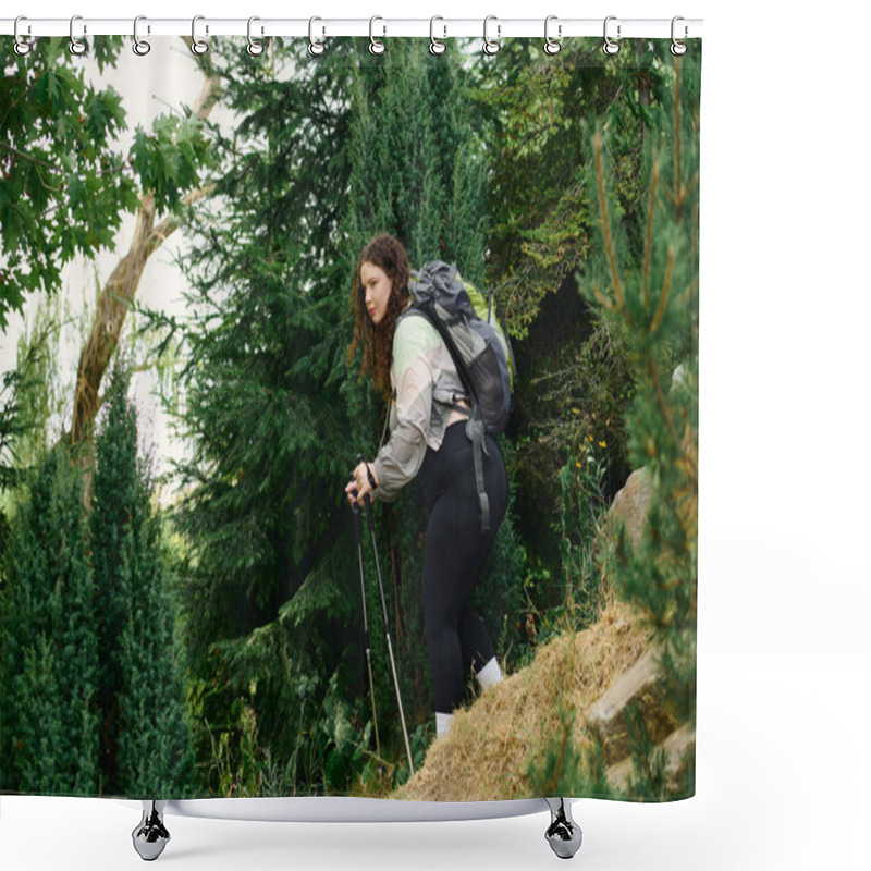 Personality  A Beautiful Plus Size Woman Navigates Through Lush Greenery, Embracing The Tranquility Of Nature. Shower Curtains