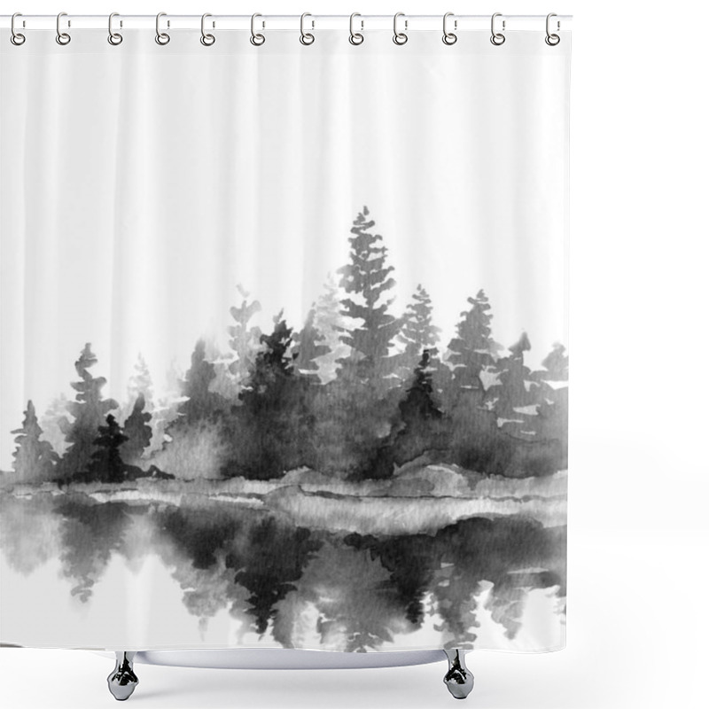 Personality  Monochrome Watercolour Landscape. Island With Trees In The Water. Design For Calender, Card, Postcard, Website Background, Poster. Minimalist Illustration On White Background. Shower Curtains