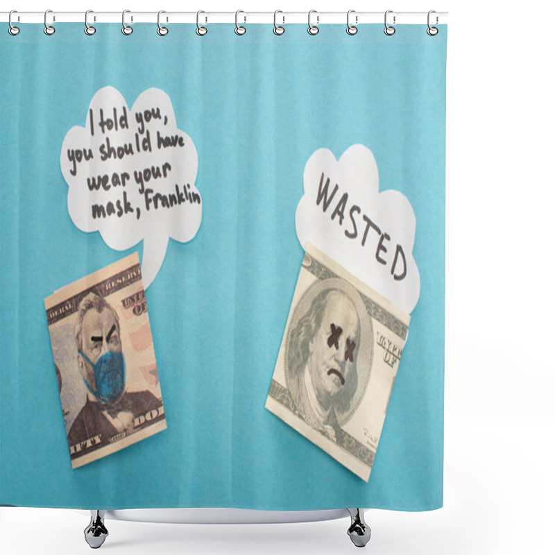 Personality  Top View Of Dollar Banknotes With Drawn Medical Mask And Speech Bubbles On Blue Background Shower Curtains