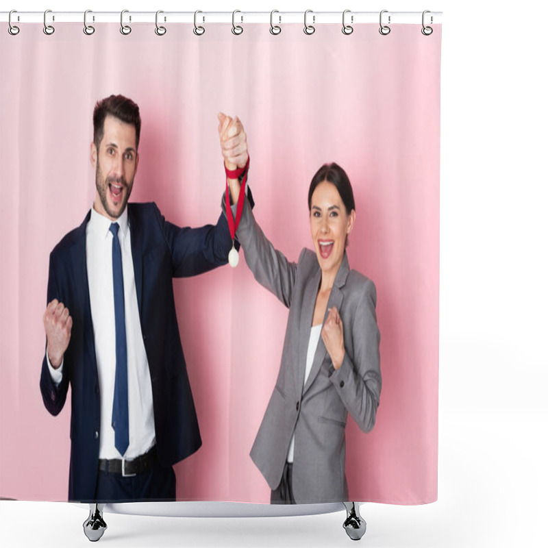 Personality  Excited Businessman And Businesswoman Holding Golden Medal And Gesturing On Pink, Gender Equality Concept Shower Curtains