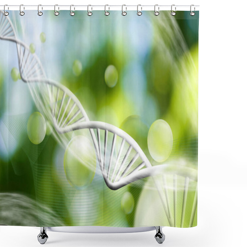 Personality  Image Of Molecular Structure And Chain Of Dna On A Green Background Close-up Shower Curtains