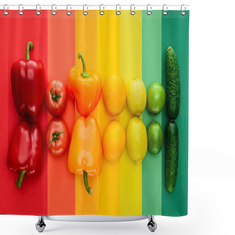 Personality  Top View Of Ripe Fruits And Vegetables On Rainbow Surface Shower Curtains