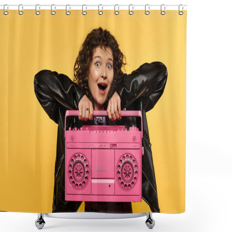 Personality  Smiling Woman With Curly Hair In Black Leather Jacket Holds Pink Boombox, Looking At Camera. Shower Curtains