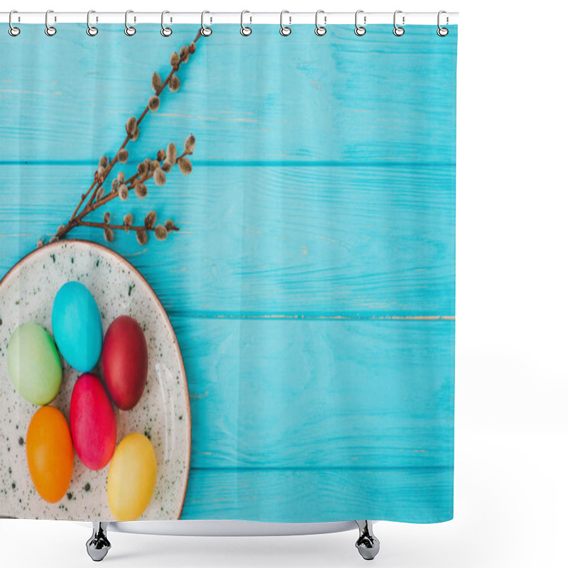 Personality  Easter Eggs In Plate On Blue Wooden Table Background Shower Curtains