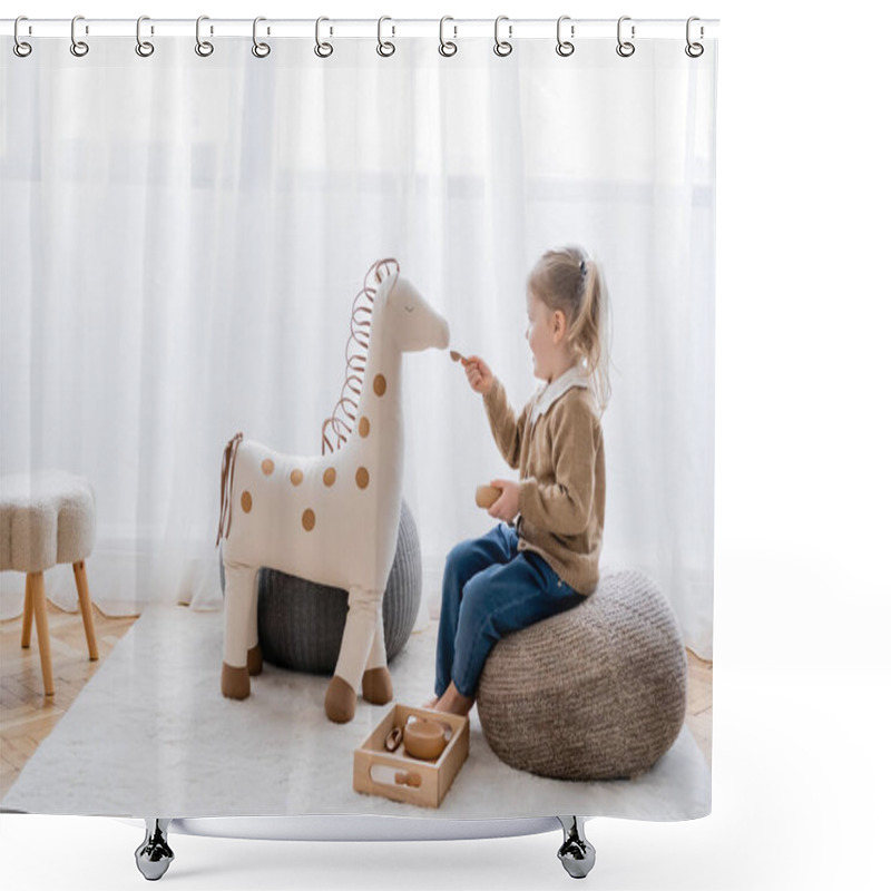 Personality  Full Length View Of Girl Feeding Toy Horse From Wooden Bowl While Playing On Pouf At Home Shower Curtains