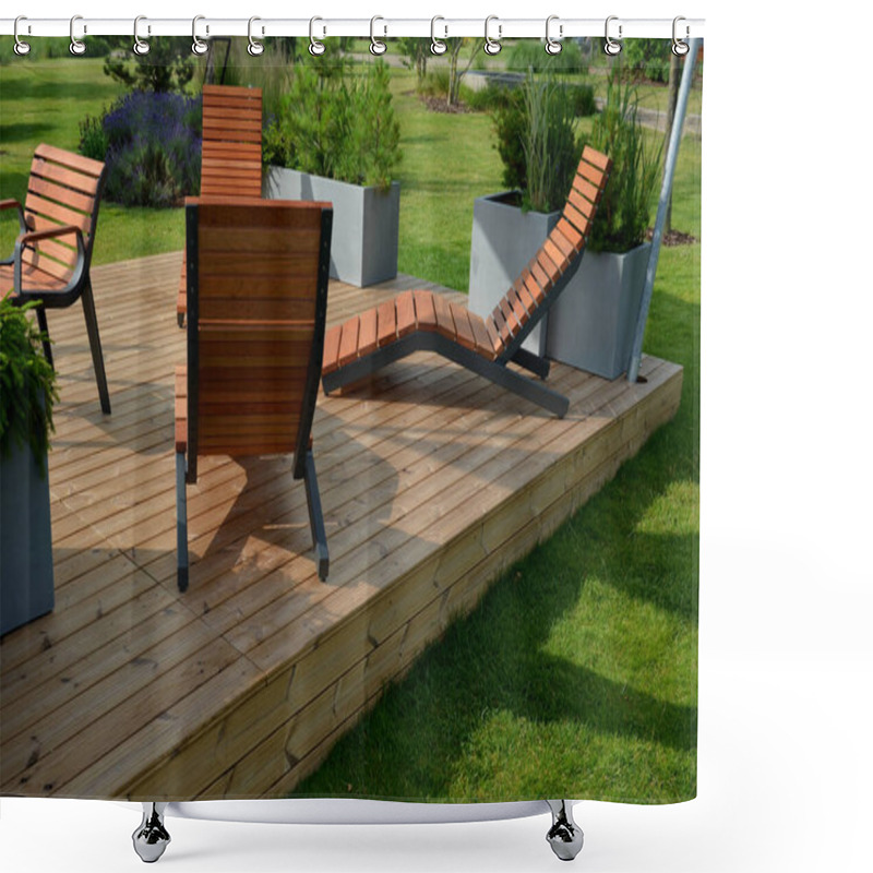 Personality  Rocking Chair On The Pavement Under The Trees In The Square. Wooden Deck Chairs Made Of Tropical Wood For One Person In The Park. They Are Comfortable Made Of Brown Planks, Slats Steel Frames, Pine Shower Curtains