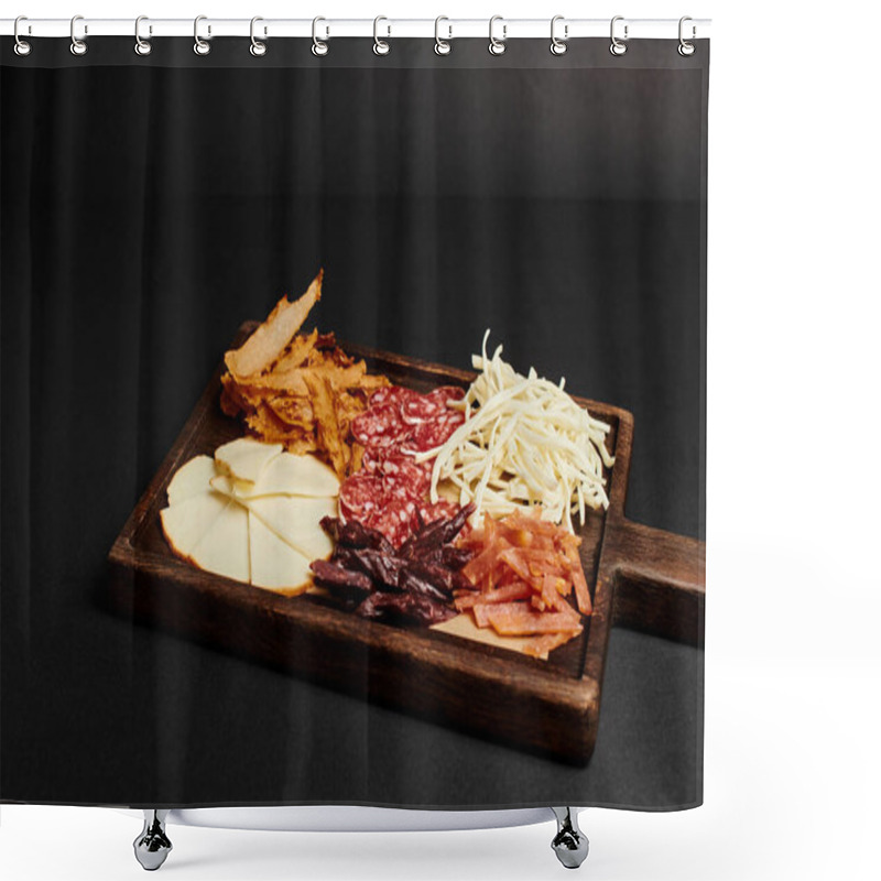 Personality  Charcuterie Board With Cheese Selection, Dried Beef And Salami Slices On Wooden Cutting Board Shower Curtains