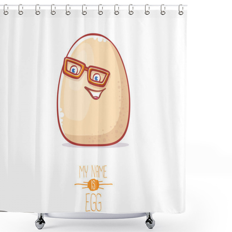 Personality  Cute White Egg Cartoon Kawaii Character Isolated On White Background. My Name Is Egg Vector Concept Illustration. Funky Farm Food Or Easter Character With Eyes And Mouth Shower Curtains