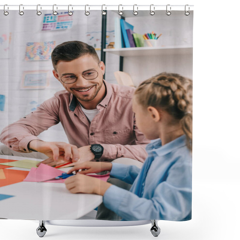 Personality  Smiling Teacher And Cute Preschooler Cutting Papers With Scissors Att Able In Classroom Shower Curtains