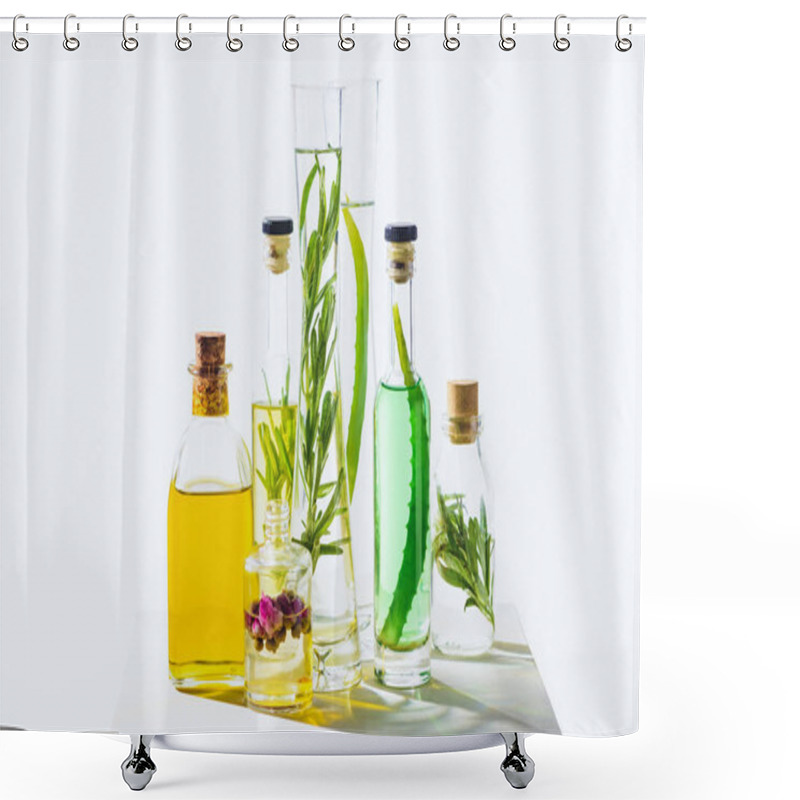 Personality  Bottles Of Natural Herbal Essential Green And Yellow Oils On White Surface Shower Curtains