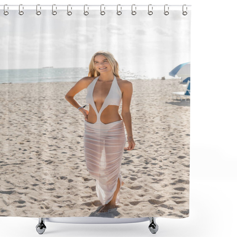 Personality  A Young, Beautiful Blonde Woman Stands Gracefully On Top Of A Sandy Beach In Miami, Embracing The Serene Surroundings. Shower Curtains