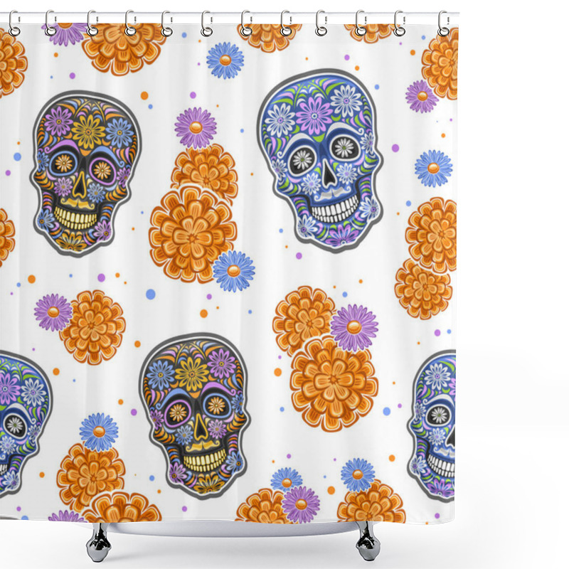 Personality  Vector Day Of The Dead Seamless Pattern, Square Repeating Background With Set Of Cut Out Illustrations Of Variety Colorful Skulls And Orange Flowers On White Background, Wrapping Paper For Day Of Dead Shower Curtains