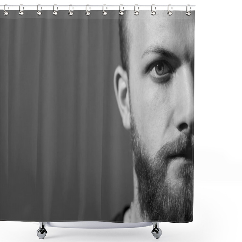 Personality  Portrait Of Strong Cool Man Looking Camera Black And White Shower Curtains