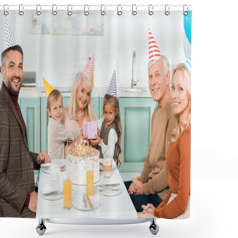 Personality  Cheerful Kids Sitting On Laps Of Grandmother While Sitting Near Birthday Cake With Family Shower Curtains