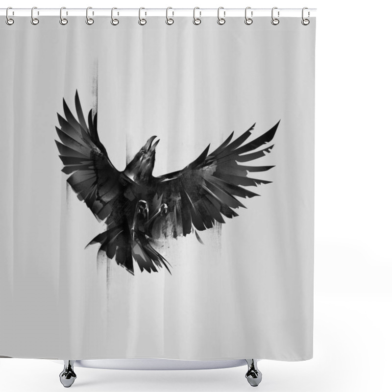 Personality  Drawn Flying Up Isolated Raven On A Gray Background Shower Curtains