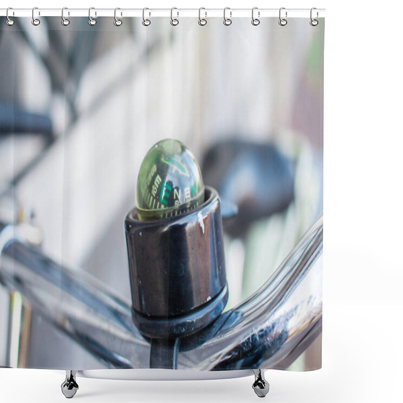 Personality  A Detailed View Of A Bicycle Handlebar Featuring A Mounted Compass, Highlighting Themes Of Exploration, Direction, And Urban Navigation, Symbolizing Adventure And Travel On City Roads. Shower Curtains