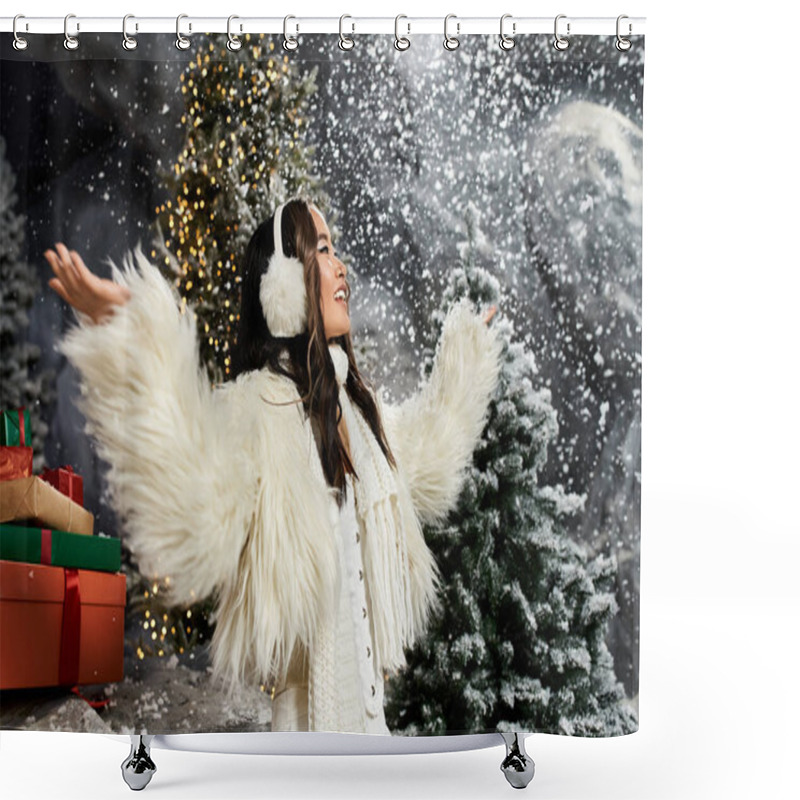 Personality  A Young Woman Revels In The Snowy Atmosphere Surrounded By Christmas Trees And Gifts. Shower Curtains