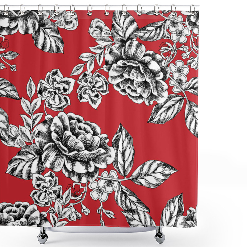 Personality  Graphic Flowers For Printed And Design. Monochrome Ornaments. Seamless Pattern On Red Background. Vector Illustration For Decor. Shower Curtains