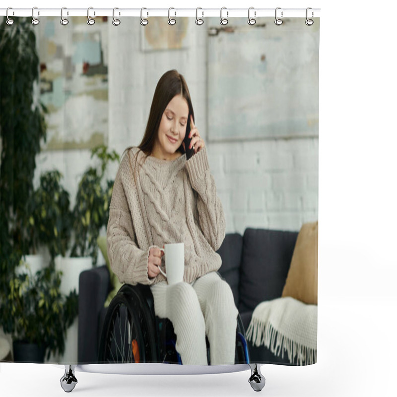 Personality  A Young Woman In A Wheelchair Sits At Home In A Comfortable Living Room, Holding A Mug And Talking On Her Phone. Shower Curtains