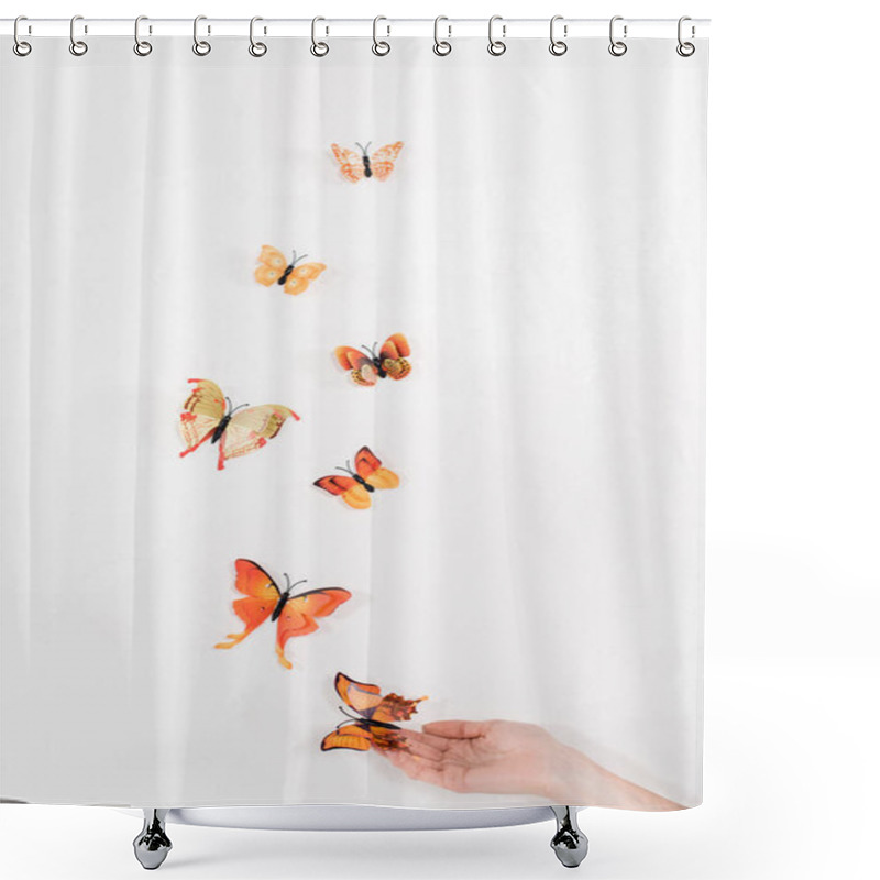 Personality  Cropped View Of Woman Releasing Orange Butterflies On White Background, Environmental Saving Concept  Shower Curtains