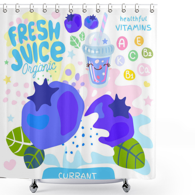 Personality  Fresh Juice Organic Glass Cute Kawaii Character. Abstract Juicy Splash Fruit Vitamin Funny Kids Style. Currant Berry Berries Yogurt Smoothies Cup. Vector Illustration. Shower Curtains