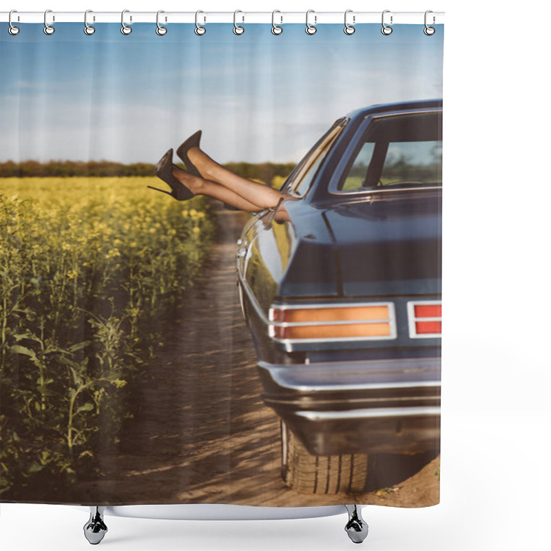 Personality  Freedom Car Travel Concept - Woman Relaxing With Feet Out Of Window In Cool Vintage Car.. Freedom, Travel And Vacation Road Trip Concept Lifestyle Image Shower Curtains