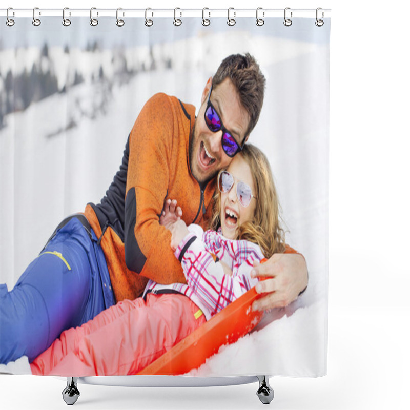 Personality  Girl And His Father Sledding Very Fast Shower Curtains