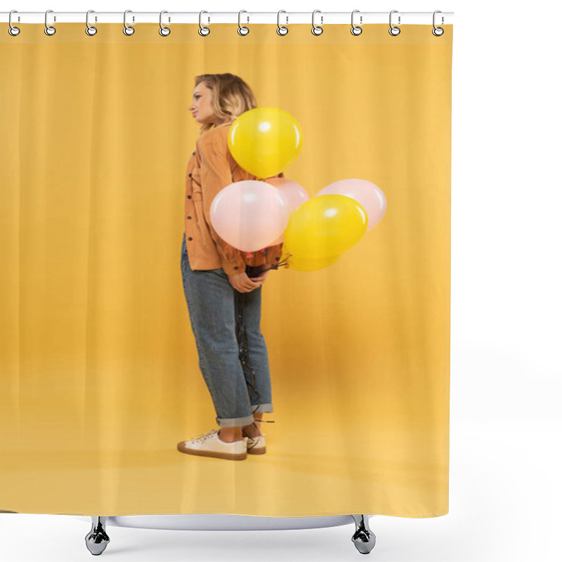 Personality  Side View Of Blonde Woman Holding Balloons On Yellow Background Shower Curtains