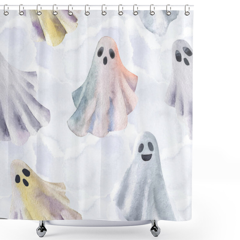 Personality  Funny Halloween Ghosts Watercolour Seamless Pattern. Halloween Illustration. Hand Drawn Style. Cute Little Ghosts With Spider Web On Web Background. Shower Curtains