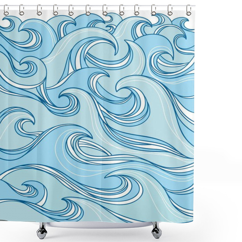 Personality  Waves Abstract Background. Sea Waves Hand Drawn Blue Illustration Background For Design. Seascape Vector Abstract Blue Waves Isolated On White Shower Curtains