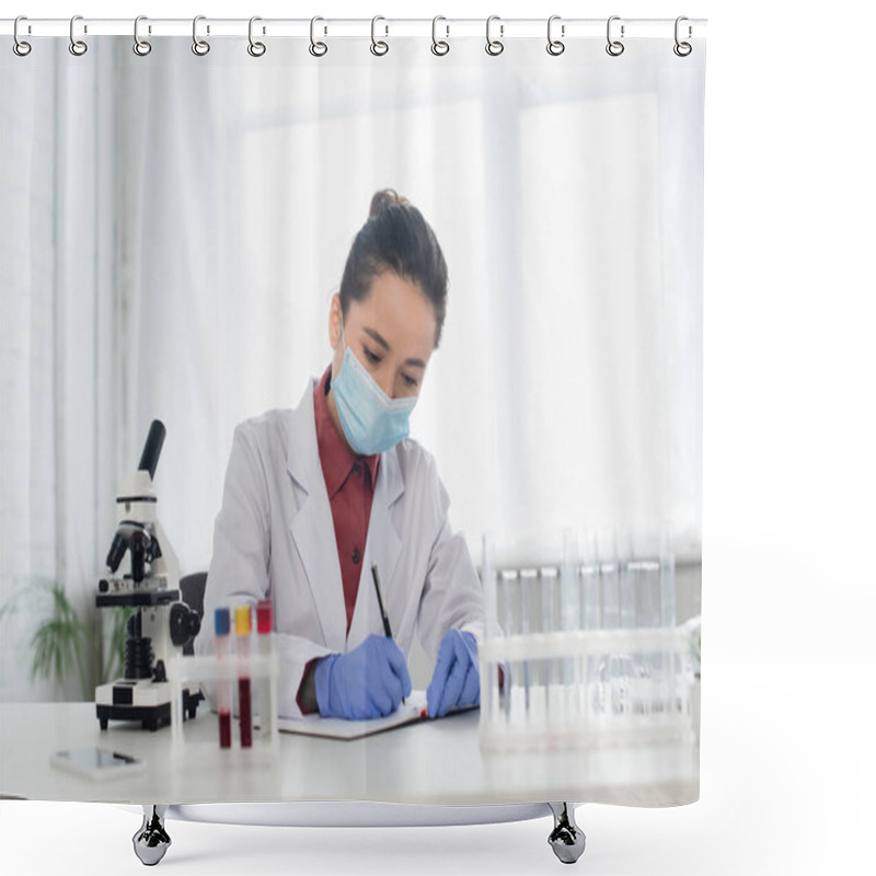 Personality  Scientist In Latex Gloves And Medical Mask Writing In Notebook Near Test Tubes And Microscope Shower Curtains