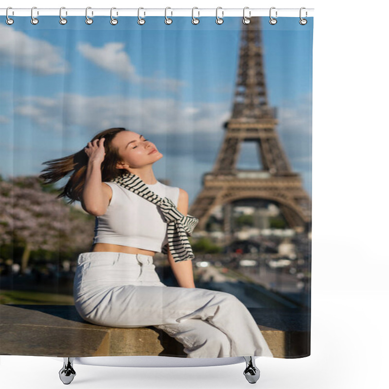 Personality  Young Stylish Woman With Closed Eyes Adjusting Hair And Sitting Near Eiffel Tower In Paris, France Shower Curtains