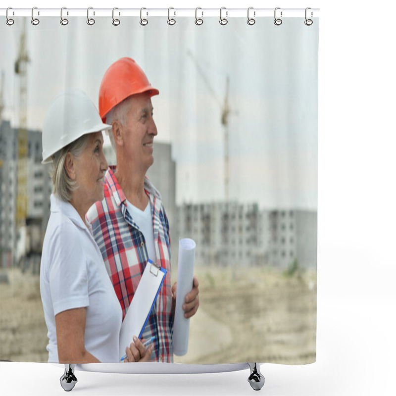 Personality  Senior Couple In Under Construction Shower Curtains