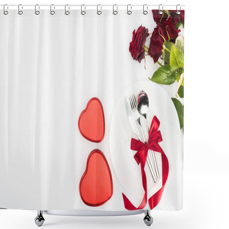 Personality  Top View Of Plate And Cutlery Wrapped By Festive Ribbon, Heart Shaped Present Boxes And Bouquet Of Red Roses Isolated On White, St Valentine Day Concept Shower Curtains