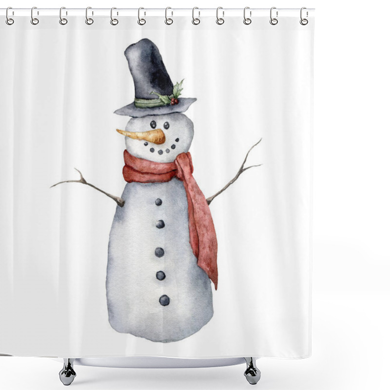 Personality  Watercolor Snowman. Hand Painted Christmas Illustration With Hat, Scarf And Carrot Isolated On White Background. Holiday Card For Design, Print, Fabric Or Background. Shower Curtains