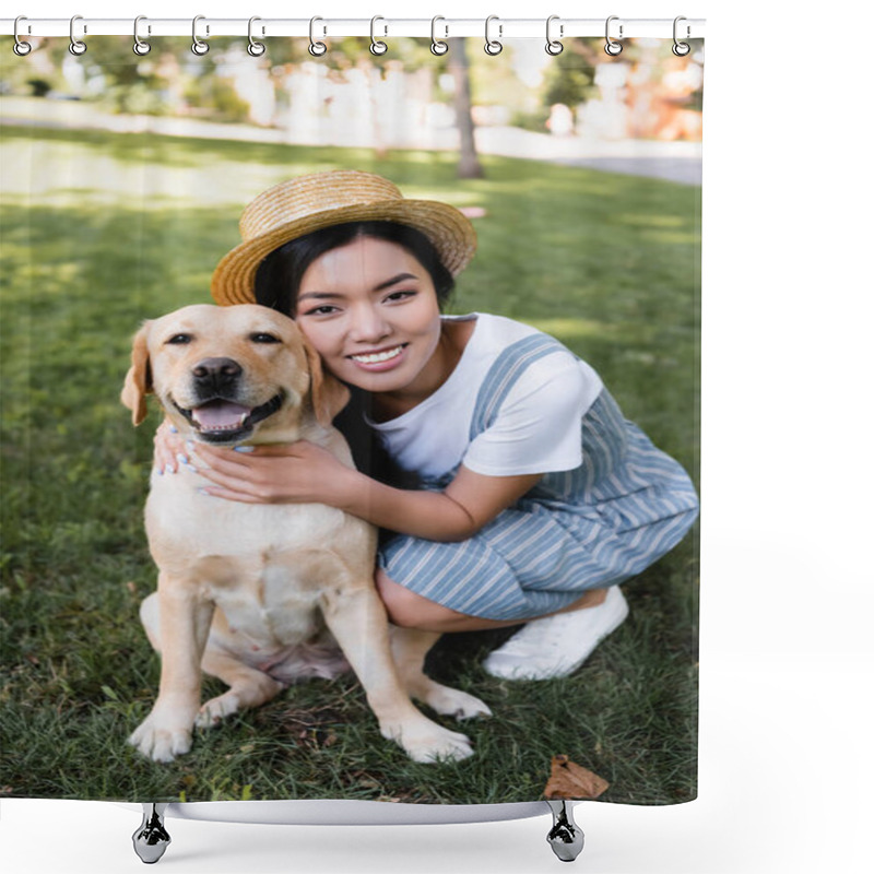 Personality  Young Asian Woman Smiling At Camera While Hugging Dog In Park Shower Curtains