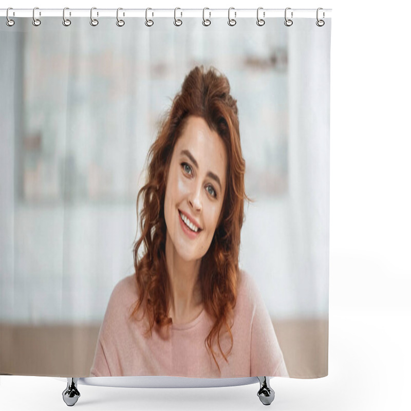 Personality  Curly Woman Smiling And Looking At Camera  Shower Curtains