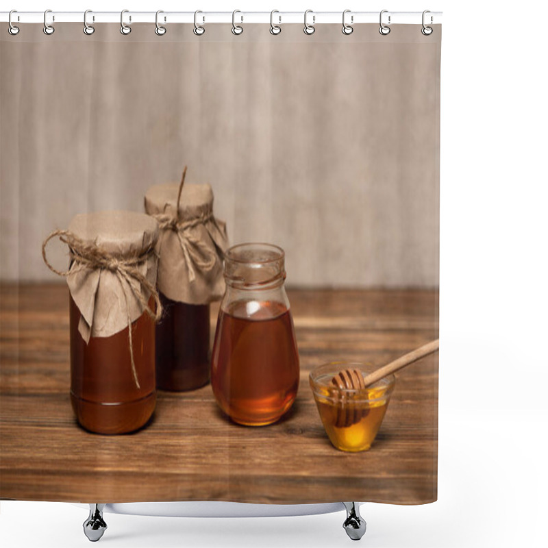 Personality  Jars With Fresh Honey Near Bowl With Dipper On Wooden Table And Grey Stone Background Shower Curtains