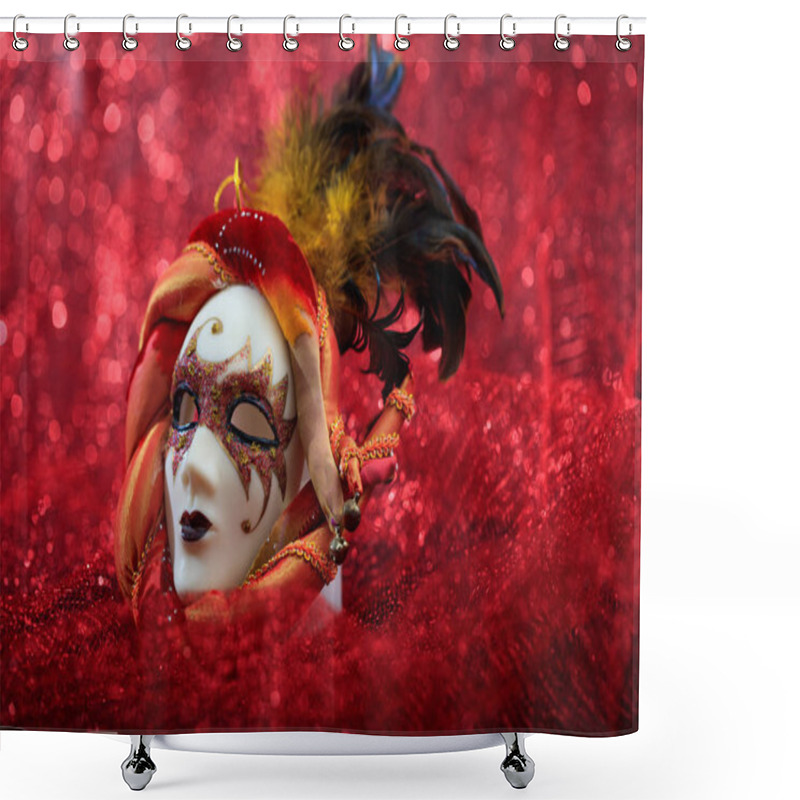 Personality  Carnival Mask On Red Blur Background Shower Curtains