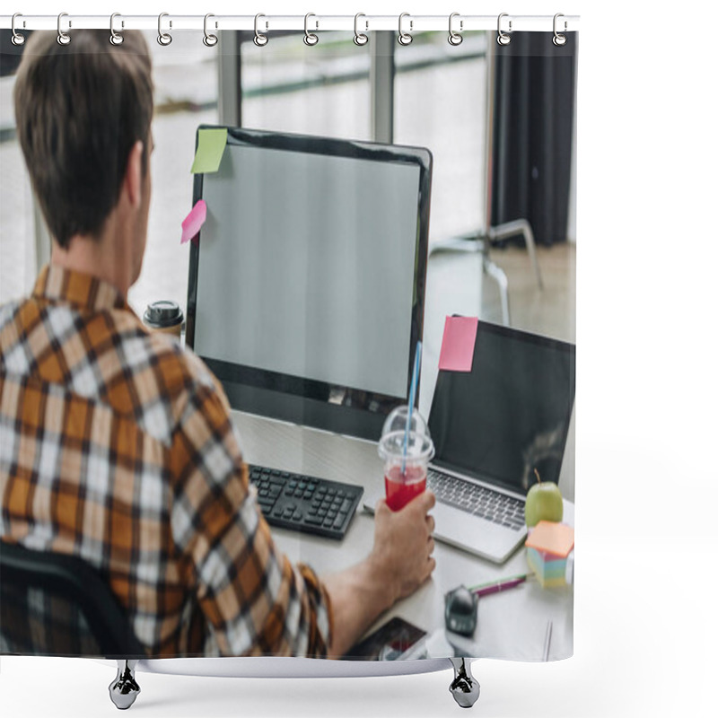 Personality  Back View Of Young Programmer Holding Glass Of Juice While Sitting At Workplace Shower Curtains