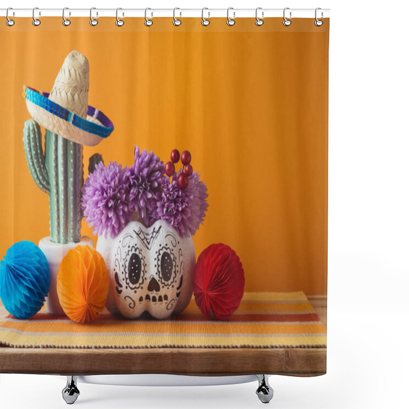 Personality  Day Of The Dead Holiday Concept. Sugar Skull Halloween Pumpkin And Mexican Party Decorations On Wooden Table Over Orange Background Shower Curtains