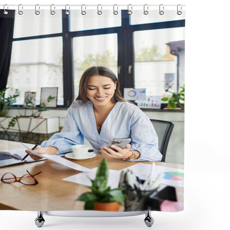 Personality  Young Woman Smiles While Using Her Phone In A Well Lit Office Filled With Plants. Shower Curtains