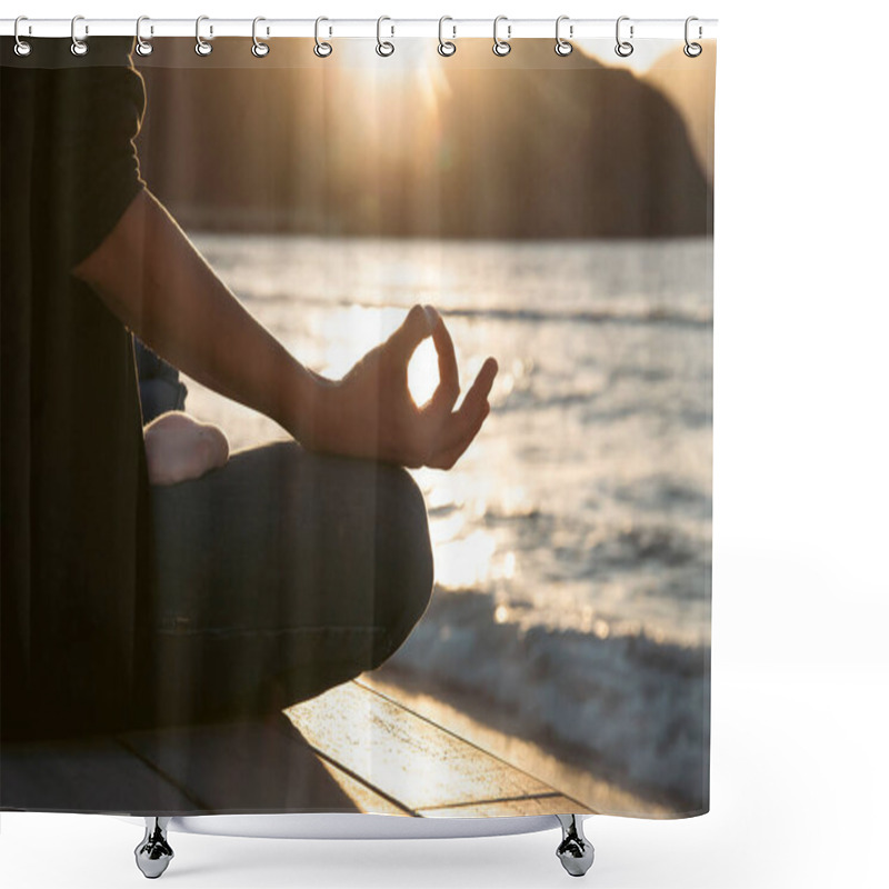 Personality  Woman In A Yoga Pose At Sunset At The Beach. Mindfulness And Mental Health Concept. Shower Curtains