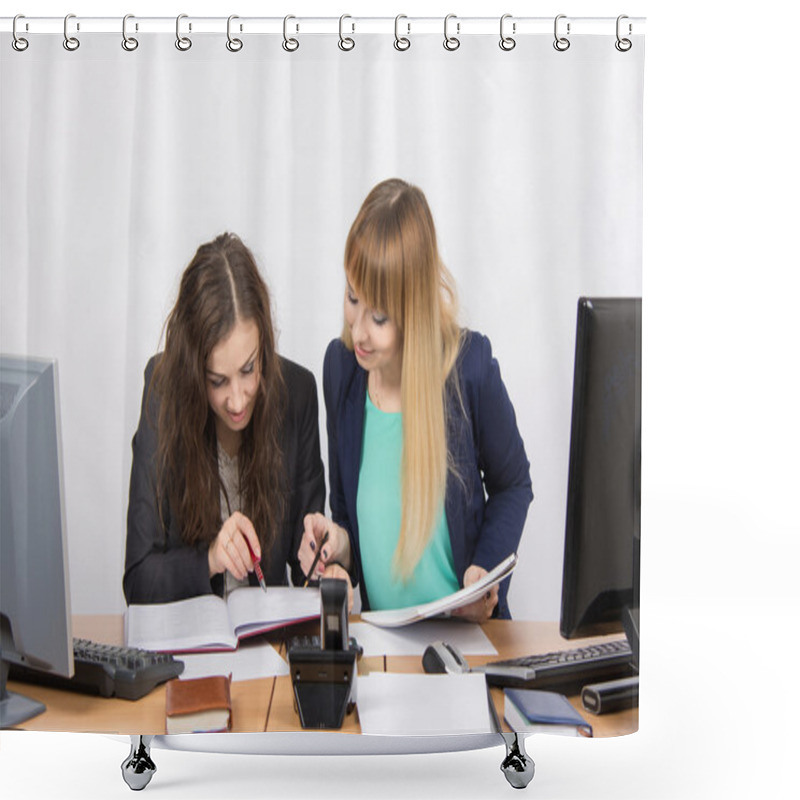 Personality  Two Girls Are Looking For Colleagues Sitting Together The Right Information At The Same Table In The Office Shower Curtains