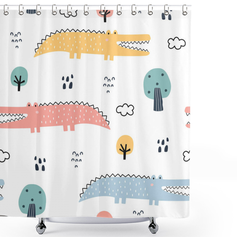 Personality  Seamless Pattern Cartoon Background With Crocodile And Trees Hand Drawn Design In Kid Style, Use For Print, Wallpaper, Fabric, Textile. Vector Illustration Shower Curtains